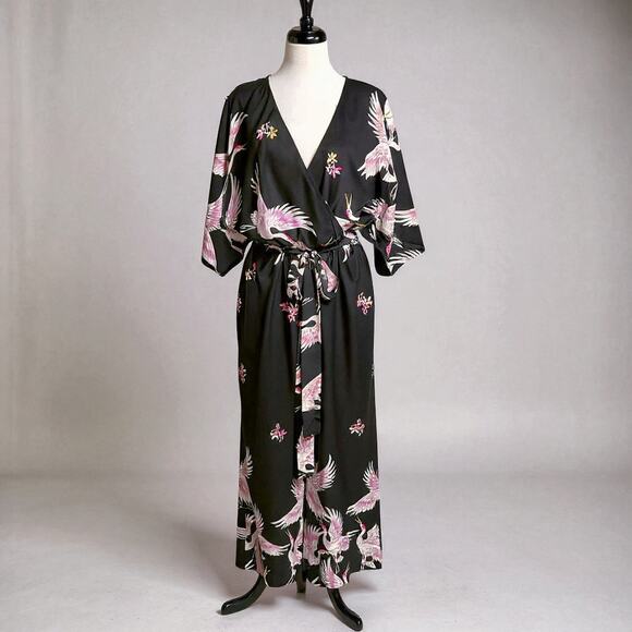 Unknown Pants - Luxe Blush and Black Blossom and Crane Print Kimono Style Junpsuit